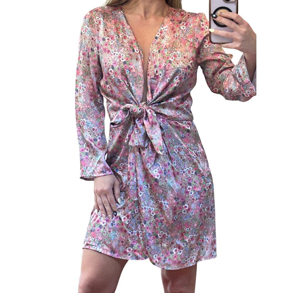 Flavio Castellani Italy Floral Satin Tie Mini Dress 42 M Long Sleeve Wrap